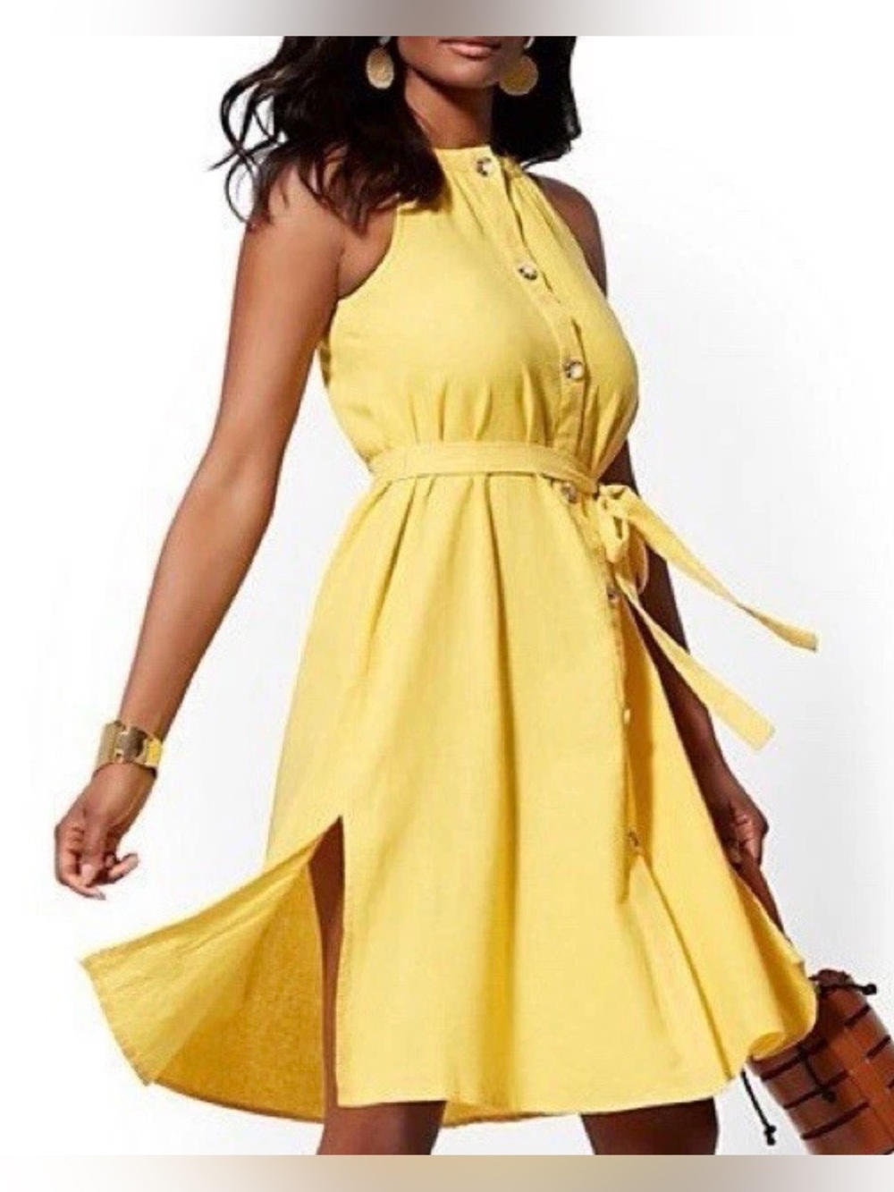 New York & Company Linen Blend A Line Midi Dress Yellow Size XL